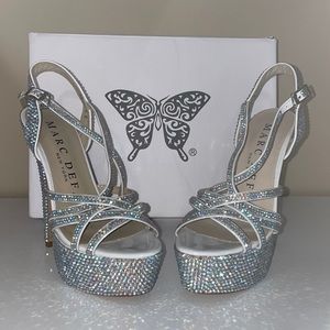 Marc Defang custom rhinestone AB crystal platform heels.